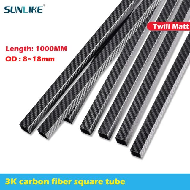 Tubo Quadrado de Fibra de Carbono 3K - Comprimento 1000mm com Diâmetros de 8mm a 18mm e Acabamento Fosco