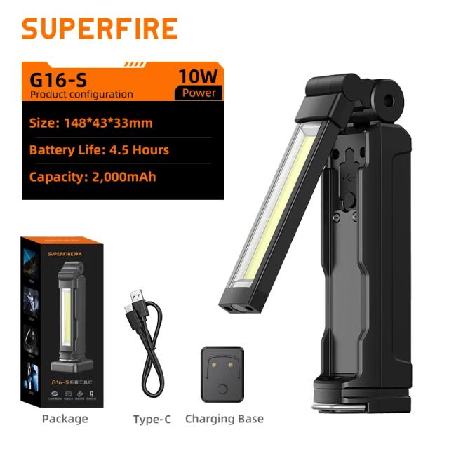 SUPERFIRE G16-S Luz de Trabalho LED Multifuncional COB 360° Recarregável com Base Magnética