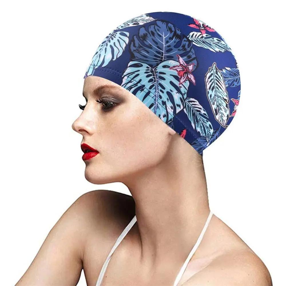 Boné de natação estampado flor para homens e mulheres Cabelo comprido Chapéu de banho de piscina Turbante elástico de nylon Acessório esportivo - Image 1