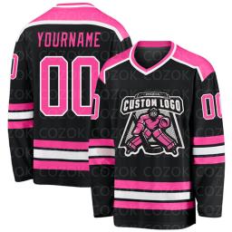 Jersey de hóquei no gelo personalizado para homens e mulheres, camisas de treinamento de competição, 3D imprime seu nome e número, preto e rosa - Image 3