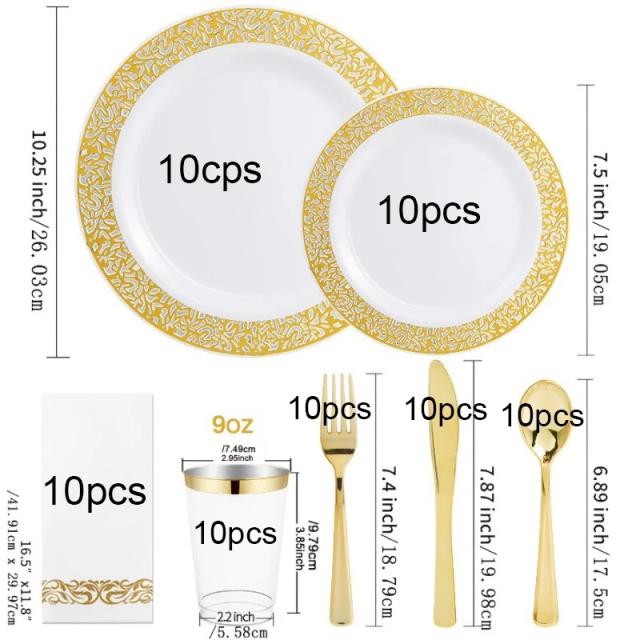 Conjunto Elegante de Festa Dourada com 70 Peças Reutilizáveis para Casamentos e Reuniões - Inclui Pratos, Copos e Guardanapos