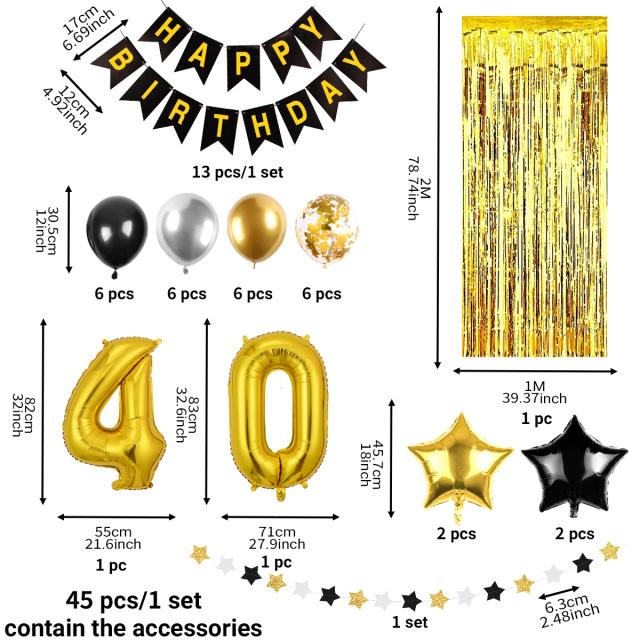 Kit de Balões de Confete Preto e Dourado para Decoração de Aniversário Adulto - 45 Peças para Festas de 30 a 50 Anos