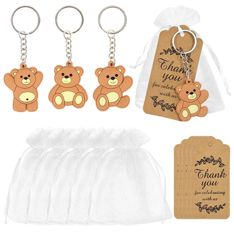 10 pçs lembranças de chá de bebê presentes para guesets urso chaveiro doces sacos de organza com tags crianças aniversário gênero revelar festa decoração - Image 1