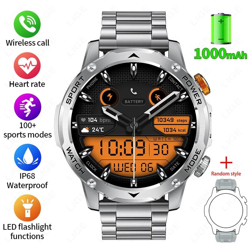Lige militar relógio inteligente masculino 1000mah bateria ao ar livre lanterna led à prova dwaterproof água freqüência cardíaca esporte bt chamada 1.7 "amoled smartwatch - Image 1