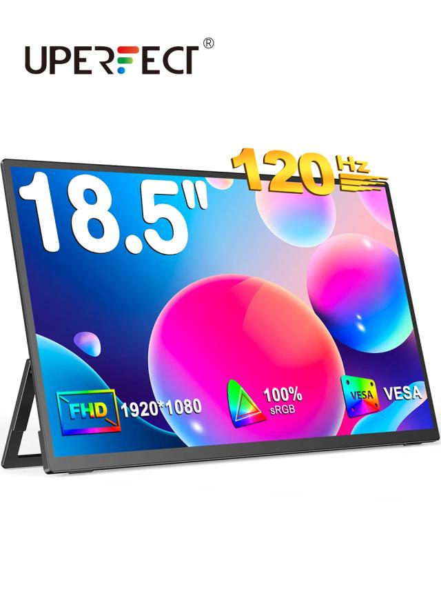 Monitor LCD IPS de 18,5 polegadas UPERFECT com 120Hz, 1080p FHD, HDR e alto-falantes duplos - Tela externa portátil com HDMI e USB-C, ideal para jogos e desktop.