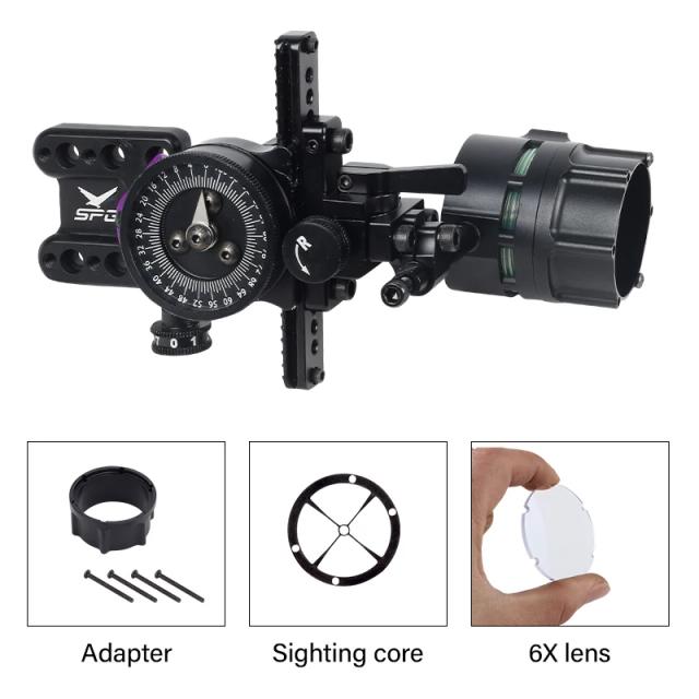 Único Pin Archery Polia Visão com Liga de Alumínio Ajustável Visão, Composto Bow Sight, 4X 6X 8X Lentes, Caça Acessórios