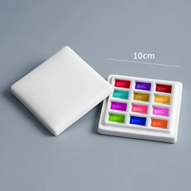 Paleta de Aquarela Quadrada em Cerâmica com Tampa, 12 e 20 Grades para Mistura de Cores em Arte Artística