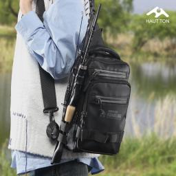 HAUT TON Mochila multifuncional para equipamento de pesca com haste, suporte preto de grande capacidade, acampamento, caminhadas ao ar livre, bolsa de ombro no peito - Image 1