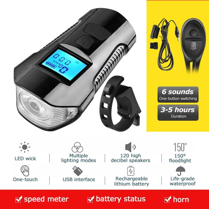USB recarregável bicicleta luz frontal com chifre, velocímetro à prova d'água, acessórios de ciclismo, mountain bike, 3 em 1 - Image 1