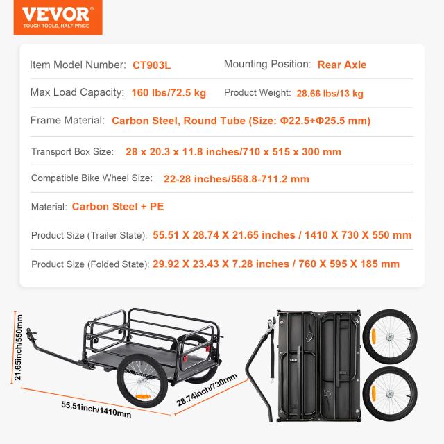 Trailer de Carga para Bicicleta VEVOR, Dobrável com Rodas de 16", Refletores de Segurança, Compatível com Pneus de 22" a 28"