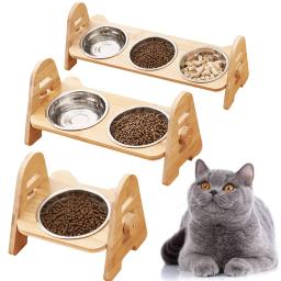 Tigelas de cachorro de bambu ajustáveis com suporte, comida para gato e água, alimentador de coelho para animais pequenos e médios - Image 1