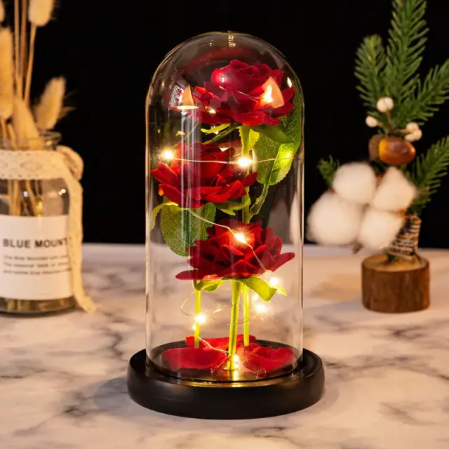 Flores Artificiais LED com Galáxia de Vidro: Arranjo de 3 Rosas Preservadas para Presentear em Dias Especiais como Dia dos Namorados, Natal e Aniversário