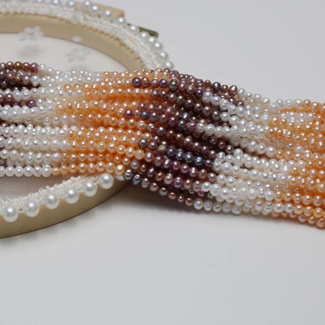 Pérola de Água Doce Natural 3-4mm Redonda Branco-Laranja-Roxo Contas Soltas para Joias DIY