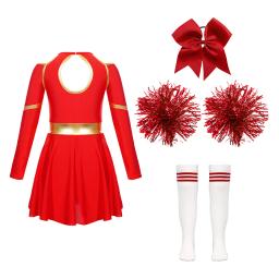 Fato de torcida feminino, Líder de torcida, Vestido de dança brilhante, Uniforme com Pom Poms, Esportes do Dia das Bruxas, Roupas alegres, Crianças - Image 2