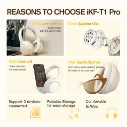 Auscultadores sem fios Bluetooth, auriculares com fio, cancelamento de ruído, fone de ouvido Hi Fi Gaming, chamada ENC, 100 horas Playtime, Pro Over, IKF-T1 - Image 3