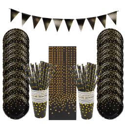 Louça Descartável Conjunto para Festa de Aniversário e Casamento, Prato De Papel, Copo, Guardanapo, Rosa, Preto, Branco, Ponto Dourado, Toalha De Mesa, Suprimentos - Image 2