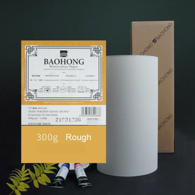 Rolo de Papel Aquarela BAOHONG 100% Algodão 140lb 300g - Ideal para Tinta Guache e Desenho, 10,63 x 14,57 Polegadas, 10 m