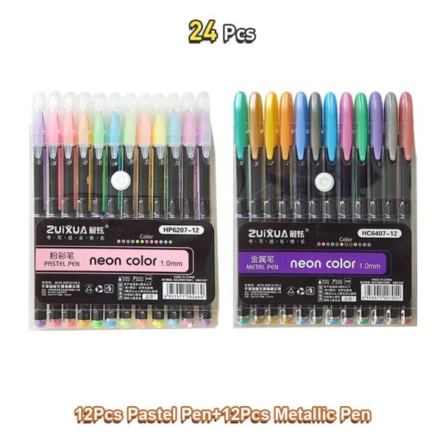 Kit de Canetas Gel Fluorescentes com Glitter Metálico - 12 a 60 Peças para Estudantes, Escritório, Livros de Colorir e Desenhos Artísticos