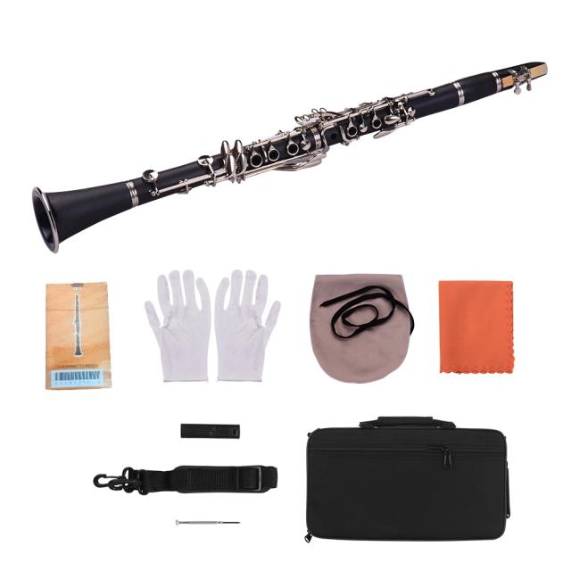Clarinetes ABS 17-Chave Bb Plana com Estojo, Acessórios Completos e 10 Palhetas Inclusas