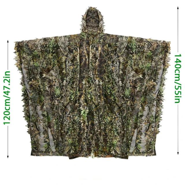 Traje Ghillie 3D com Folhas Camufladas, Poncho Florestal e Manto para Caça, Tiro e Observação de Aves ao Ar Livre