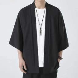 Yukata leve, ponto aberto japonês masculino, quimono, cardigã preto, manga 3/4, roupa casual para férias de verão, moda - Image 2