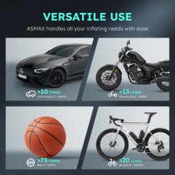 Compressor de ar portátil para insuflação de pneus ASMAX, bomba de ar inteligente com manómetro de pressão dos pneus de 160PSI, insuflador de pneus rápido e inteligente de 7500mAh para carro, mota, bicicleta, bola, lan - Image 5