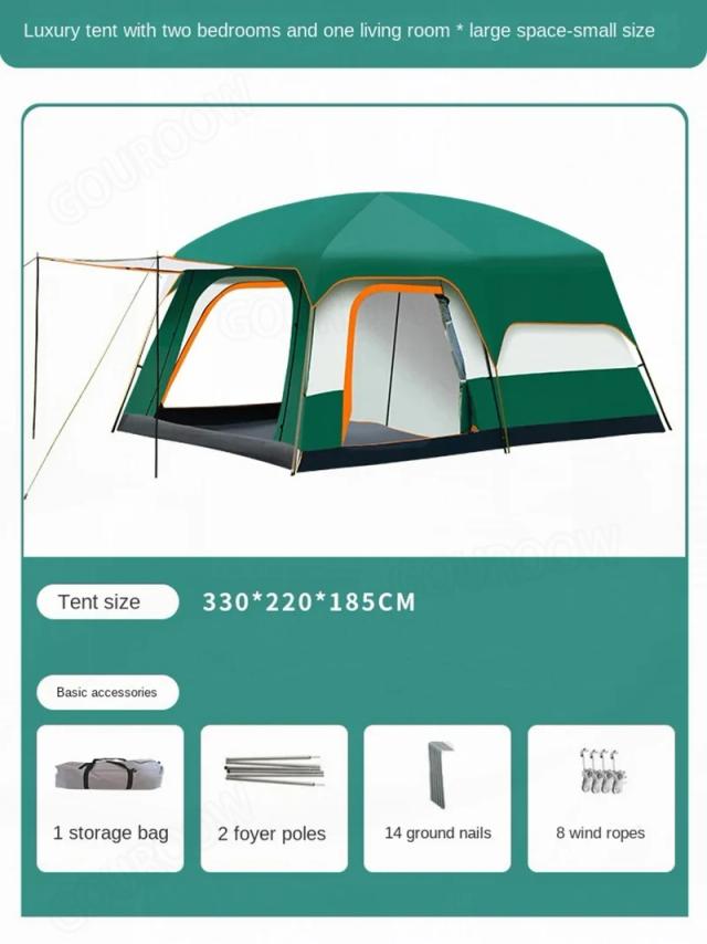 Tenda Rainproof de Camada Dupla para Camping com 2 Quartos e Capacidade para 5 a 8 Pessoas