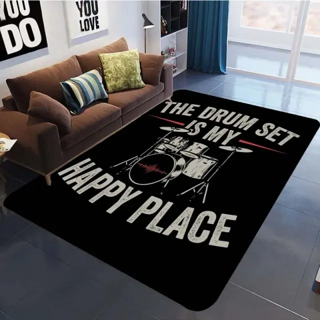 Tapete Antiderrapante para Crianças com Estampa de Bateria Rock para Decoração de Quarto e Sala de Estar
