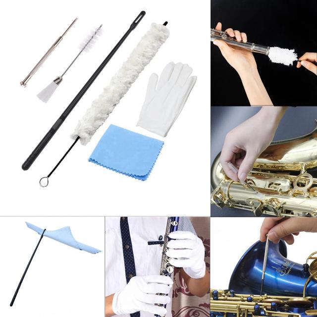 Kit de Limpeza para Saxofone e Flauta com 7 Peças e Escova de Pó Dupla Face para Manutenção de Instrumentos