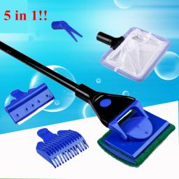 5 em 1 ferramentas de limpeza para aquário, conjunto de ferramentas de limpeza para aquário, rede de peixe, ancinho cascalho, raspador de algas, garfo, escova de esponja, limpador de vidro - Image 1