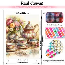 Diamante Pintura Adesivos De Parede para Decoração De Casa, Mosaico Xícara De Chá, Bule Rosa, Quadrado Completo ou Redondo, Presente - Image 3