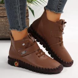 Botas de couro PU para mulheres, antiderrapante, laço de gancho, salto plano, botas de plataforma, curto, quente, outono, inverno, 2024 - Image 1