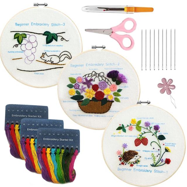 Kit de Bordado para Iniciantes: Aprenda Diferentes Pontos com Padrões Florais e Ferramentas Coloridas em 3 Conjuntos DIY