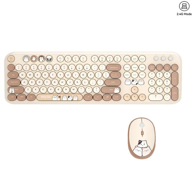 Conjunto Teclado e Mouse Sem Fio Retro Gato Fofo 104 Teclas Plug and Play