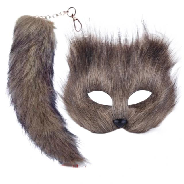 Máscara Therian com cauda para mulheres e meninas - chaveiro de gato felpudo e raposa