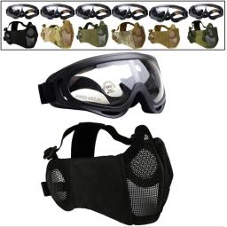 Máscara tática de airsoft + conjunto de óculos, máscara de malha de meia face com proteção para os ouvidos, paintball, tiro, cs, jogos de sobrevivência, cosplay - Image 1