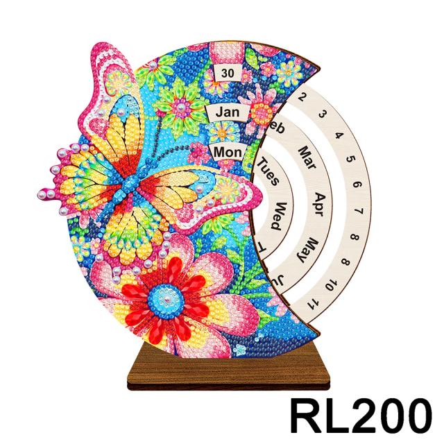 Calendário Rotativo de Madeira com Pintura em Diamante 5D e Decoração de Borboletas - Kit de Ornamentos para Mesa DIY