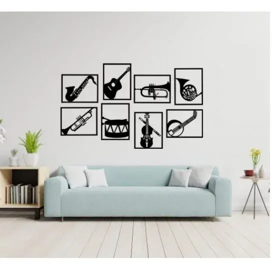 Conjunto de 8 Quadros Decorativos com Instrumentos Musicais em MDF Preto: Saxofone, Tambor, Violino, Cavaquinho e Trombone