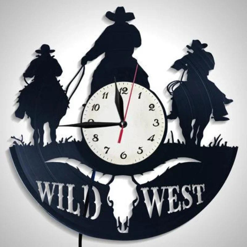 Relógio de parede ocidental Cowboy com controle remoto, arte retro, registro de vinil, LED, decoração, presente - Image 1