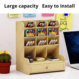 1pc organizador de mesa de madeira multifuncional desktop papelaria caneta titular caixa para escritório em casa material escolar armazenamento titular - Image 2