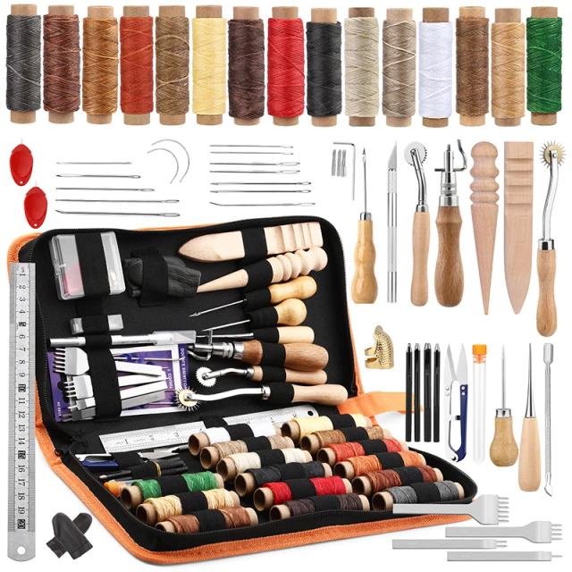Conjunto Completo de 52 Ferramentas de Costura em Couro para DIY - Inclui Groover, Awl, Linha Encerada e Dedal