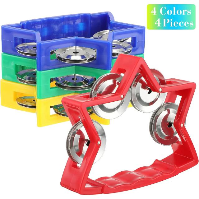 Pandeiro de Percussão Plástico Portátil para Crianças e Adultos com Jingle Bells - Conjunto com 4 Peças