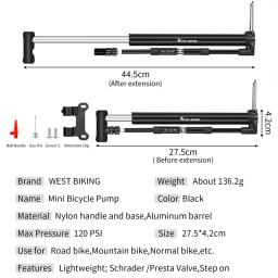 Oeste bicicleta-alta pressão moto pé bomba com manômetro, mini liga portátil bomba para válvula Schrader Presta, inflador de ar, 120psi - Image 6
