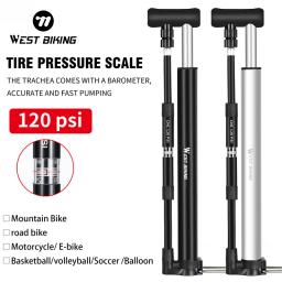 Oeste bicicleta-alta pressão moto pé bomba com manômetro, mini liga portátil bomba para válvula Schrader Presta, inflador de ar, 120psi - Image 1