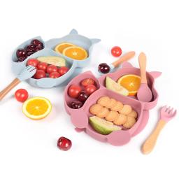 Silicone Babadores Dividido Prato do bebê, Sucker Bowl, Colher, Fork Set, Alimentação de Treinamento, Utensílio Alimentar, Pratos, Kit Louça, 3 Pcs - Image 2