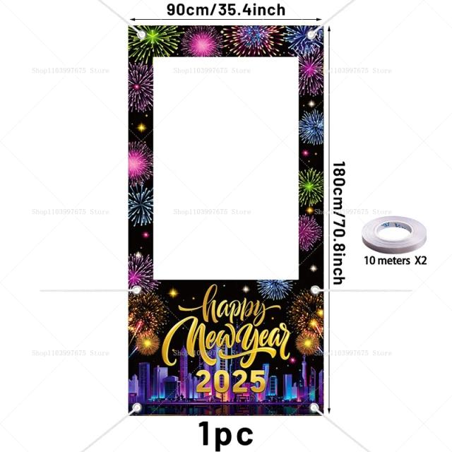 Moldura de Photo Booth para Feliz Ano Novo com Decoração de Festa, Fogos de Artifício e Balões para Véspera de Ano Novo 2022