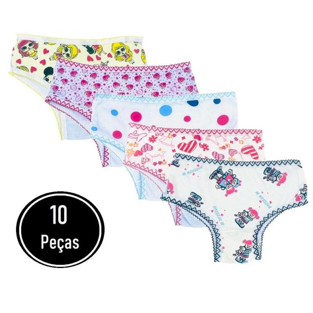 Calcinha Infantil Estampada em Algodão Colorido - Kit com 10 Unidades para Atacado e Revenda