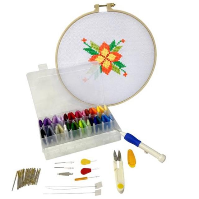 Kit Completo de Bordado em Ponto Cruz com Caixa Organizadora e Acessórios Inclusos
