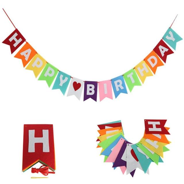 Faixa Decorativa Artesanal "Happy Birthday" em Tecido Não-Tecido com 15 Peças para Festas