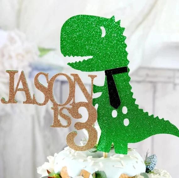 Bolo Topper Personalizado com Nome e Idade de Dinossauro para Festa de Aniversário e Chá de Fraldas